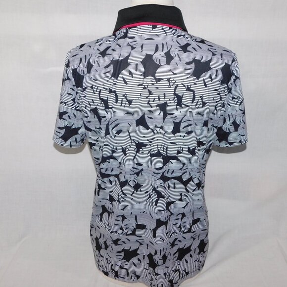 Coral Bay Womens PL Petite L Black White Striped Leaves Golf Polo Shirt 1/4 Zip - Picture 9 of 11